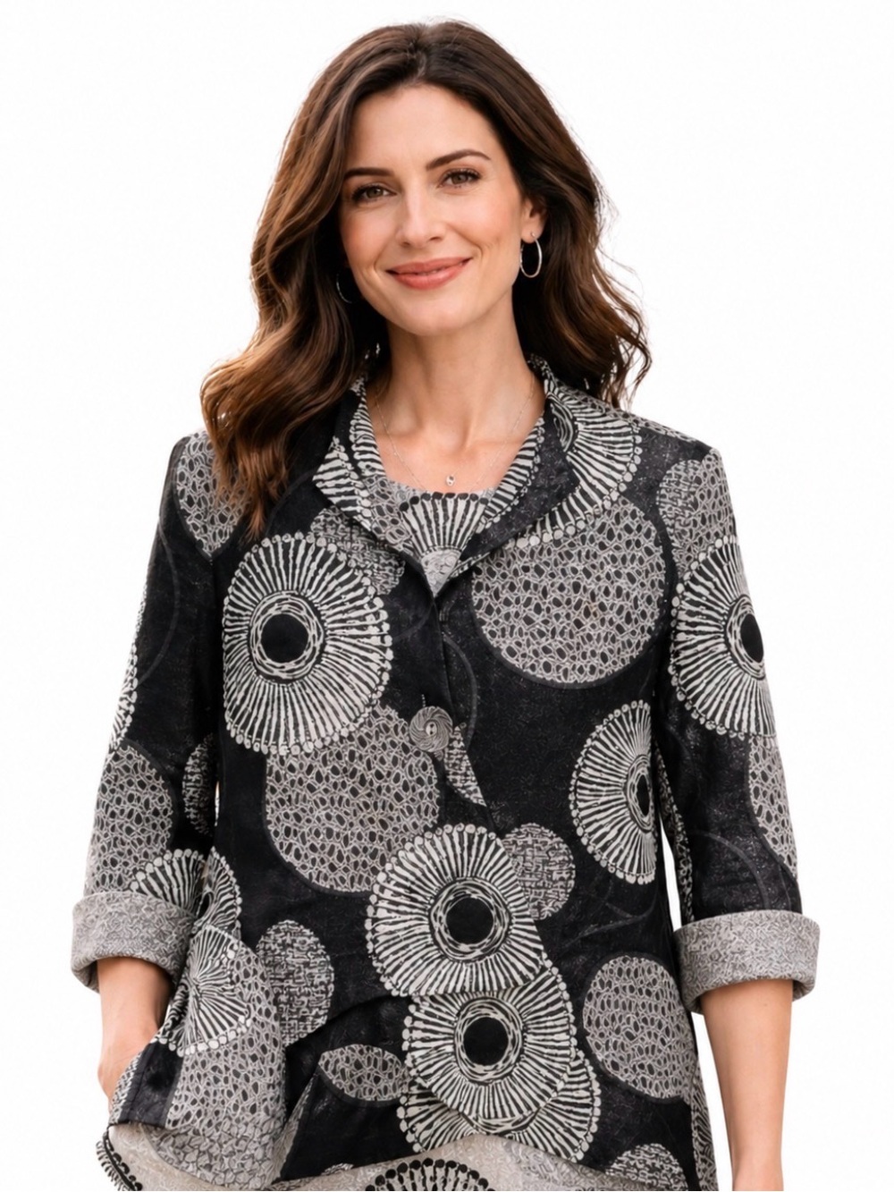 Joseph Ribkoff Abstract Jacquard Trapeze Jacket Artsy Blk/Silver Metallic Sz 18